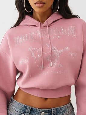 True Religion Dusty Rose Crystal Rhinestone Cropped Pullover Hoodie Shrunken